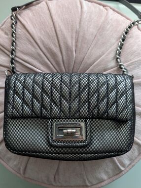 Karl Lagerfeld Quilted Metallic Silver-Black Chain Shoulder Bag